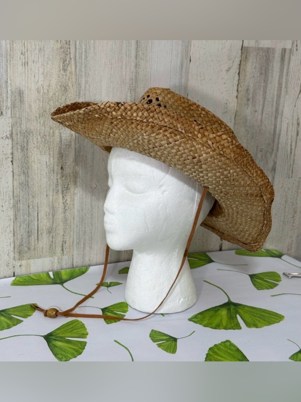 Straw Cowboy Hat with Chin Strap - Natural Brown